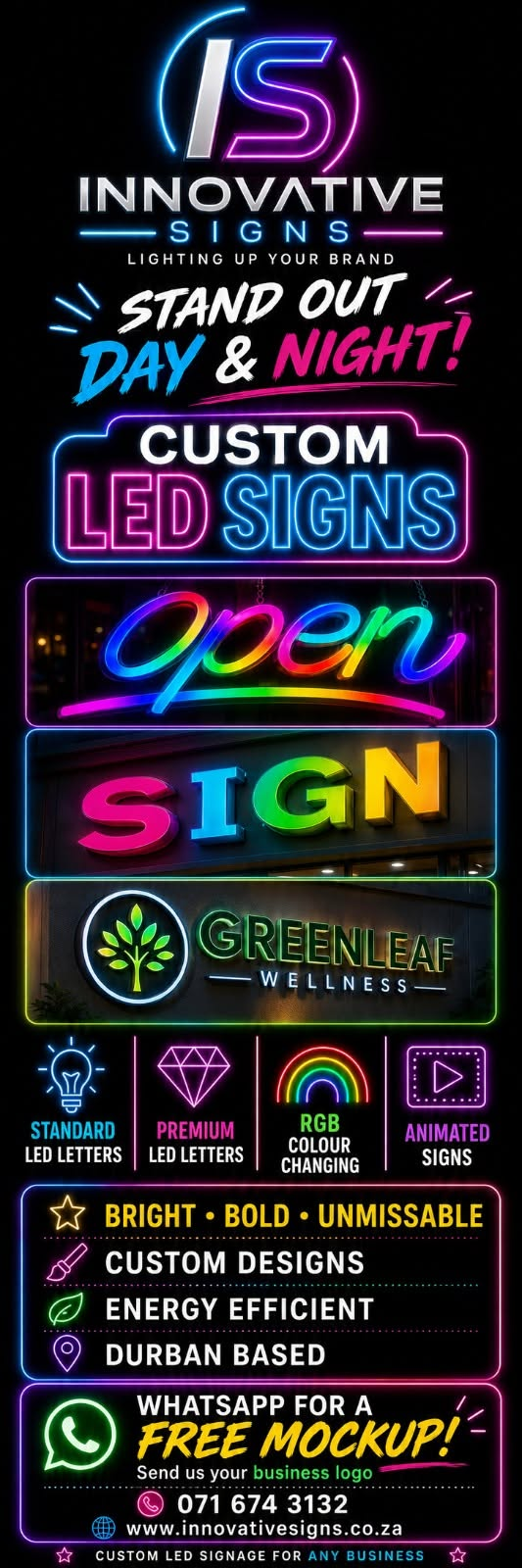 Innovative Signs examples including colour-changing Open, SIGN and Greenleaf Wellness signs